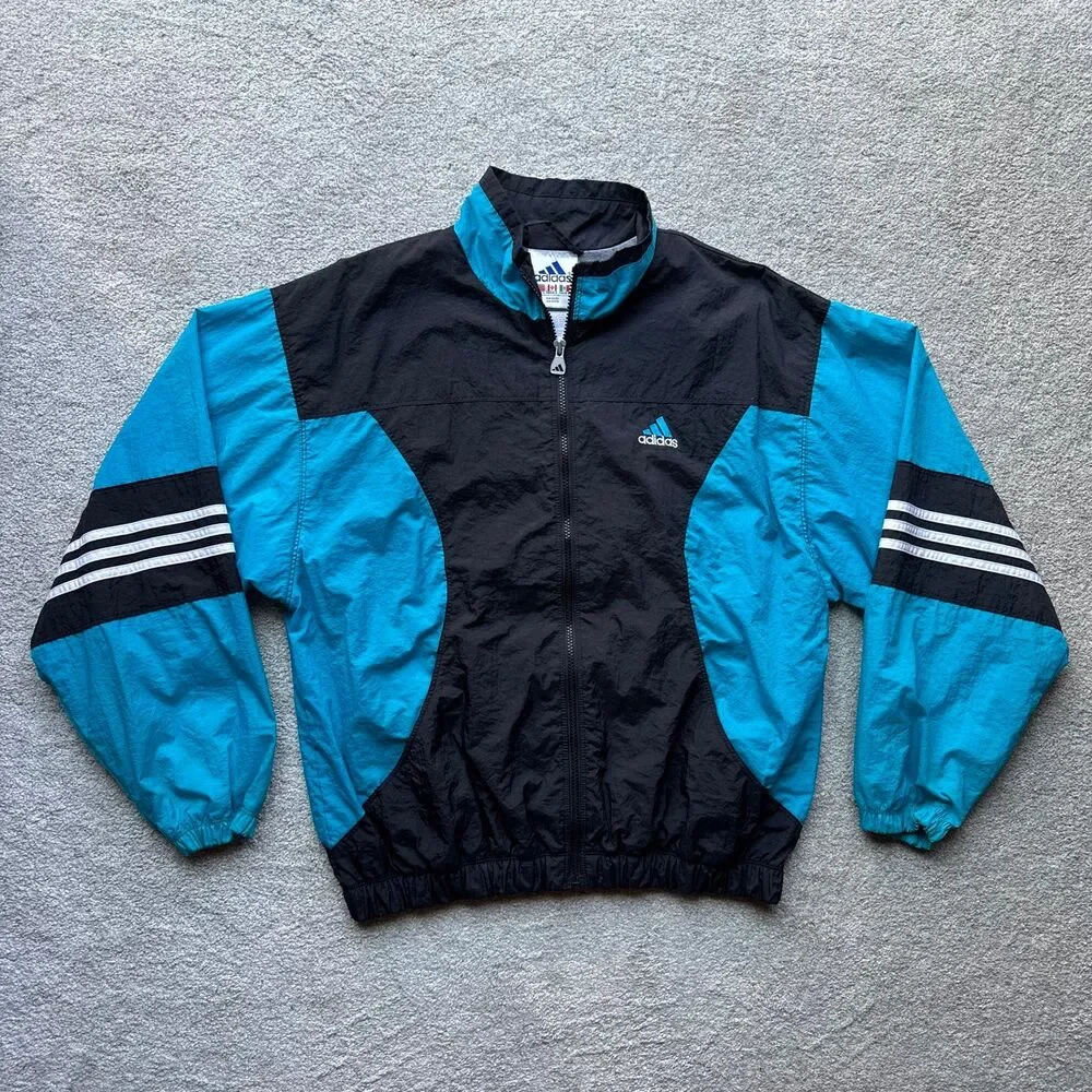 Vintage 90s Adidas Black Teal Colorblock Full Zip Windbreaker